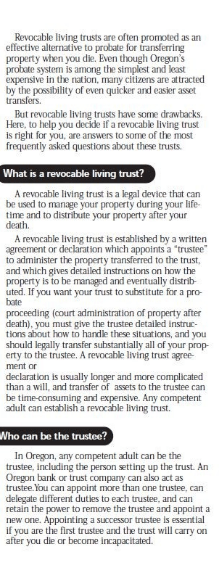 Text about revocable living trusts, including what they are and who can be the trustee.