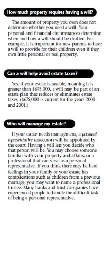 Information about wills, property, estate taxes, and personal representatives.