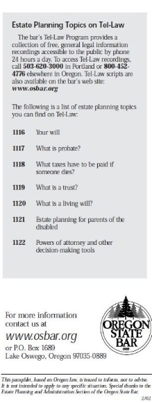 Advertisement for Oregon State Bar with estate planning topics.