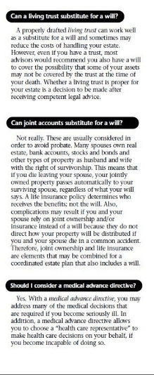 Text about wills, trusts, and medical advance directives, with advice on their use.