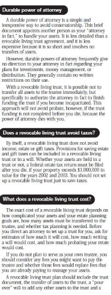 Text discussing durable power of attorney, irrevocable living trusts, and related costs.